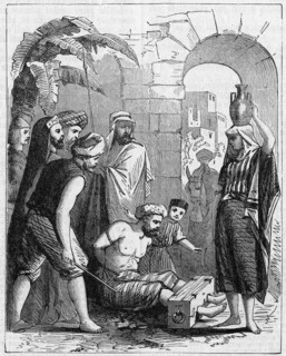 Religion The Holy Bible. The guilty with his foot in the pillory