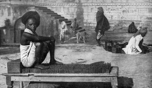 Historical Geography. 1900. India. Hardy ascetic at Benares piously indifferent to a couch of nails.