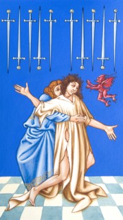 Creative illustration Middle Age in tarots. The possessed the devil and the exorcist