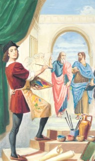 Creative illustration serial History of Rome Reinassance Raffaello while painting The School of Athens