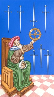 Creative illustration Middle Age in tarots. The Alchemist with astrolabe and alambic.