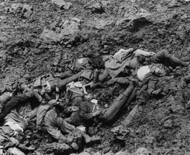 Somme German dead in shell hole.