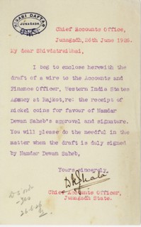 Letter from Chief Accounts Office 26/vi/1926