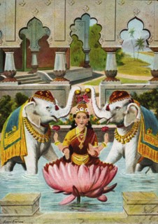 Goddess Lakshmi is being anointed by two elephants on either side of her