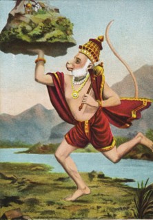 Monkey God Hanuman carrying Sanjeevani Parvat (Hill) containing Sanjeevani Herbs to cure Lakshman