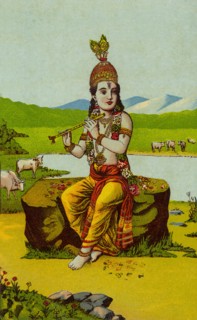Lord Krishna plays a flute while in forest