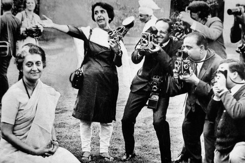 India's first woman photojournalist Homai Vyarawalla and her professional colleagues during a photo session with prime minister Indira Gandhi at latter's residence in New Delhi