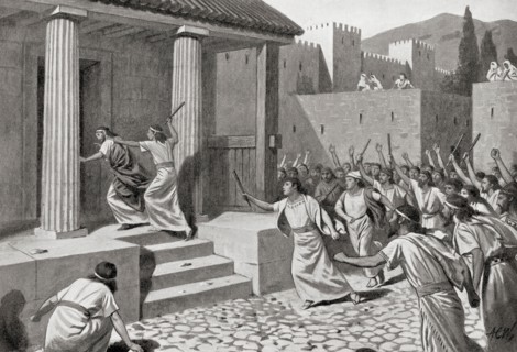 Alcander a young man of Sparta attacking Lycurgus and stabbing out one of his eyes when his fellow-citizens were discontented with the laws Lycurgus proposed