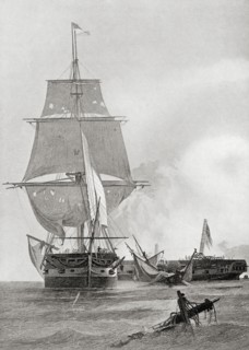 The battle between the two ships USS Constitution and HMS Guerriere during the War of 1812