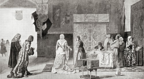 Isabella pledging her jewels to finance the expedition of Christopher Columbus in 1492