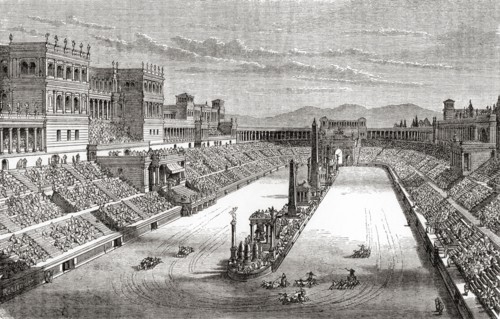 A chariot race in ancient Rome