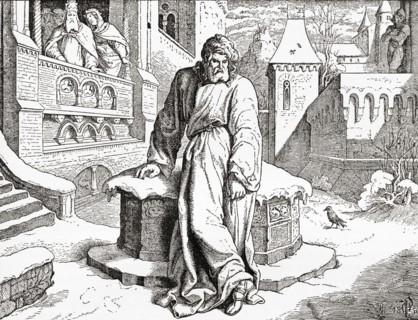 King Henry IV at Canossa in 1077 where he went  in order to obtain the revocation of the excommunication imposed on him by Pope Gregory VII