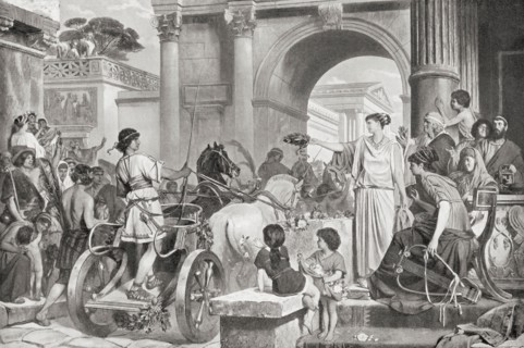 A victorious charioteer in ancient Rome accepting a laurel crown from a lady