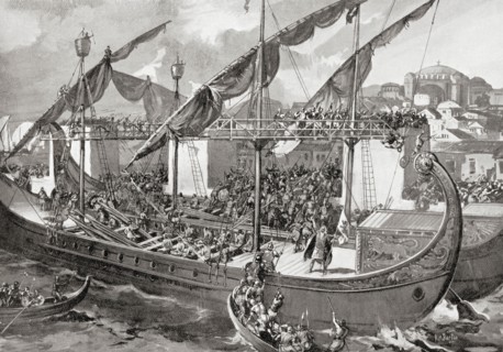The storming of Constantinople by Venetians and crusaders during the Fourth Crusade in 1204