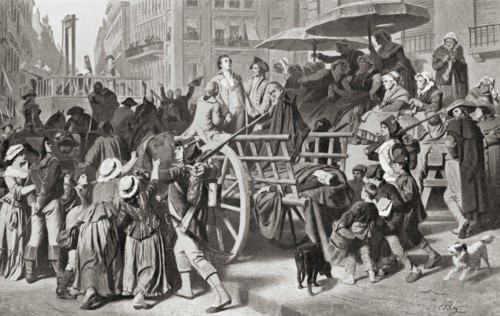 Girondists or Girondons being taken to the guillotine for execution during the French Revolution