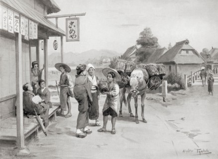 Hideyoshi seen here as a young boy hawking faggots of wood in the streets