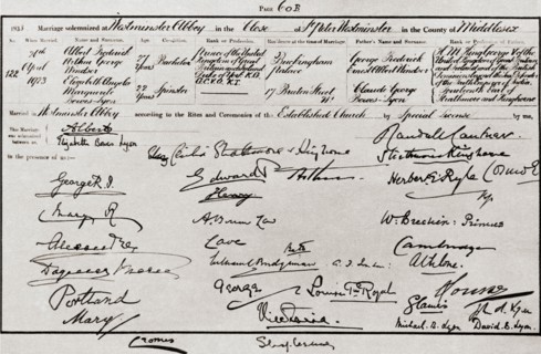 The marriage certificate of the Duke and Duchess of York