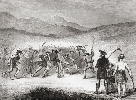 A game of Shinty in progress in the 19th century.  From Old England: A Pictorial Museum