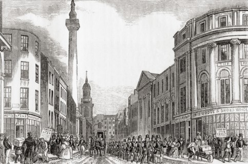 Old Fish Street Hill and the Monument to the Great Fire with members of the London Fire Brigade