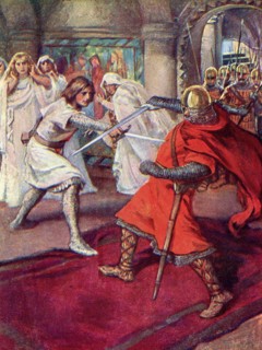 Lohengrin slays Count Frederick.  From Knights of the Grail: Lohengrin