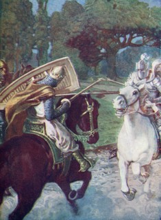 Bagdemagus broke his own spear against his enemy's armour.  From Knights of the Grail: Lohengrin