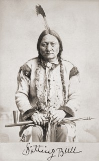 Sitting Bull born circa 1831-1890. Hunkpapa Lakota Sioux holy man.  After a portrait on a 19th century cabinet card. Facsimile of his signature beneath portrait.