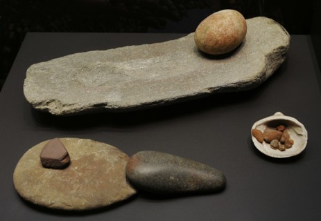 From left to right and from back to front: Grindstone, El Garcel (Antas, Almeria province, Andalusia) and El Higueron Cave (Rincon de la Victoria, Malaga province, Andalusia); Grindstone, pestle and d...