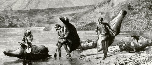 Native population crossing the Beas river with inflated skins (mussaks)