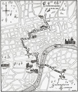 Map showing the route of the demonstration at Copenhagen Fields, London,,