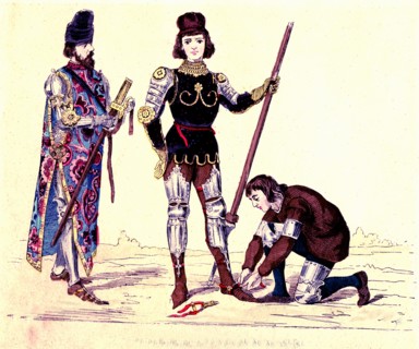Costumes of xvth century, fashion in europe xv th with floor lenght sleeves, revealing doublets and hose, of italy renaissance, as hods, hats, silk velvets 1864