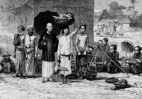 Saigon market ,vietnam in 19th century . official expeditions, french explorers discover the life of vietnamese since 1860. 1868