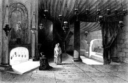 Nativity chapel at betlehem, palestine where jesus was born. the church was commissioned in 327 by constantin the great and his mother, helena 1868