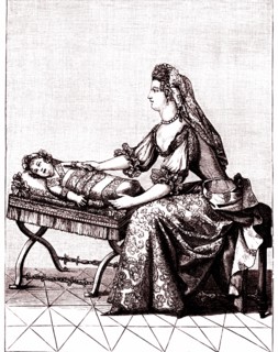 Nurse moving the cradle of duke of anjou, the nurse was always tied to the baby, with another servant company in case of accident or the nurse falling, 1869