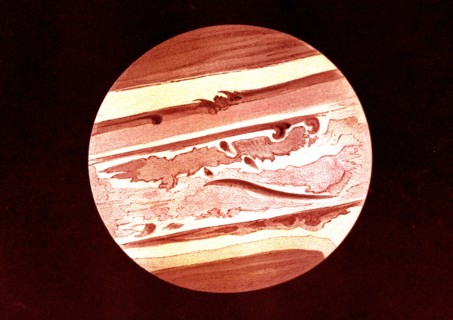 Planet jupiter, illustrated by p. tacchini at palermo on january 28th 1873 book ' the sky ' by amedee guillemin, paris 1877