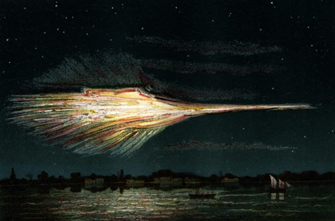 Bolide meteor fireball explosion at quenngouck, india on december 27th 1857according to a drawing by lieutenant ailesbury. ( book ' the sky ' by a. guillemin in paris in 1877 )