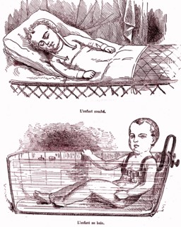 Children hygiene, child sleeping, child in the bath. book by dr jules rengade, ' life and health ' 1881
