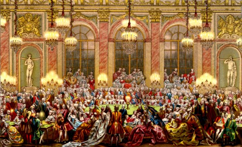 Ball in versailles chateau, under french king louis xv th. ball given by the king for the wedding of louis dauphin of france with maria teresa of spain 1886
