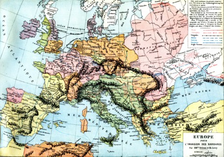 Invasion of europe by barbarians since the year 406, map from 1886 (drioux et ch. leroy publishers ) 1886