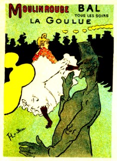 Famous dancer 'la goulue', in the moulin rouge in paris. design by painter toulouse lautrec in montmartre. 1905