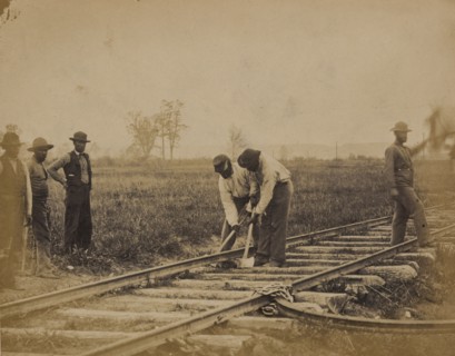 Military railroad operations in northern Virginia: African American laborers working on rail