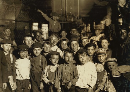 Indianapolis Newsboys waiting for the Base Ball edition, in a Newspaper office.