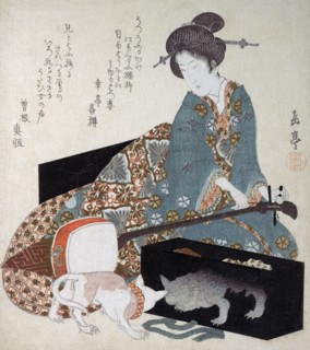 Woman Tuning a Shamisen & a cat looks at its reflection in lacquerware