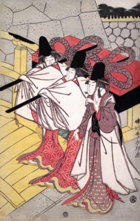Prince Genji Returning to His Palace where His Wife Awaits Him