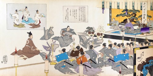 Council of men before the shogun on throne