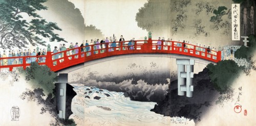 Wooden Bridge over a raging river with rapids at Chiyoda castle