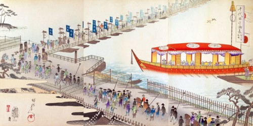 Royal barge arrives at a pontoon bridge nd the wharf to columns of samurai.