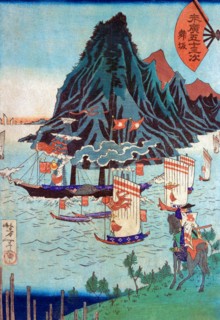 Warrior looks at passing steamship