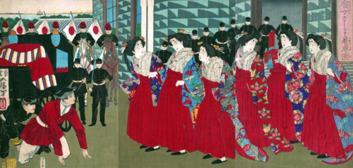 Ladies-in-waiting boarding at a station