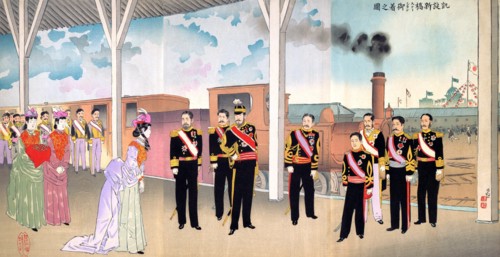 Arrival of the Emperor at Shinbashi Station Following a Victory