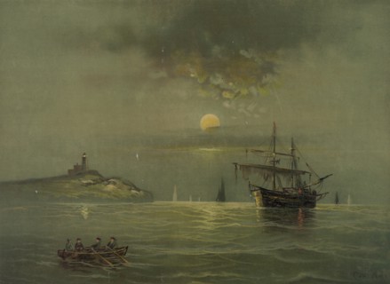 Marine Moonlight Scene with Lighthouse and Sailing Ship
